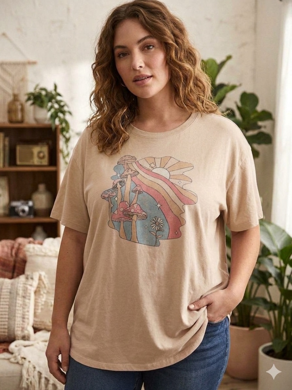 torrid Beige Graphic Short Sleeve Tee with Retro Mushroom Art